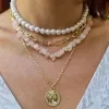 4в1 Колие от Естествени камъни "Розов кварц и Каменна перла с Медальон" за Хармония и Баланс